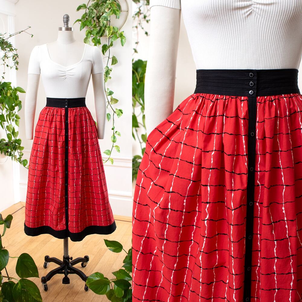 Vintage 1980s 80s Skirt JEANNE MARC Plaid Swing Midi High Waist Red Cotton